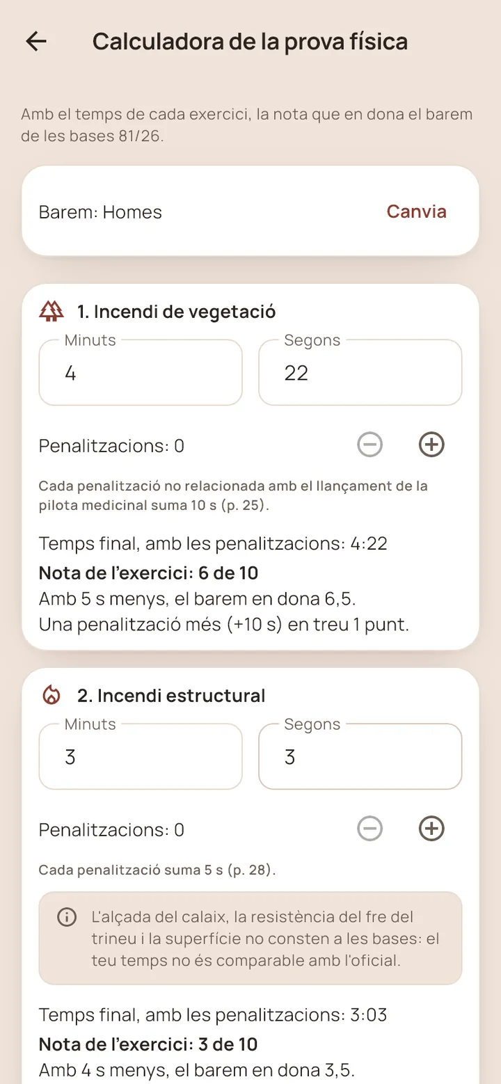Calculadora de la prova física: el temps de cada exercici i la nota que en dona el barem de les bases 81/26, amb penalitzacions.