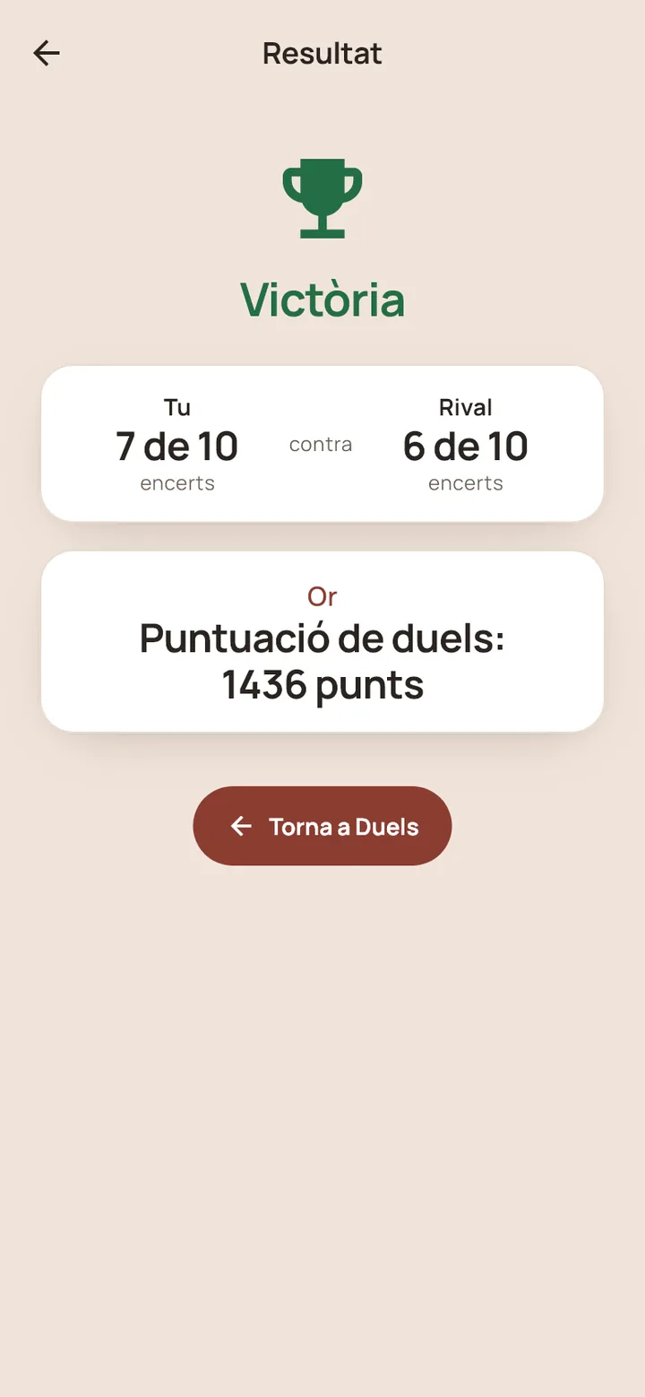 Resultat del duel: Tu 7 de 10, Rival 6 de 10, i la puntuació de duels, 1436 punts amb rang Or.