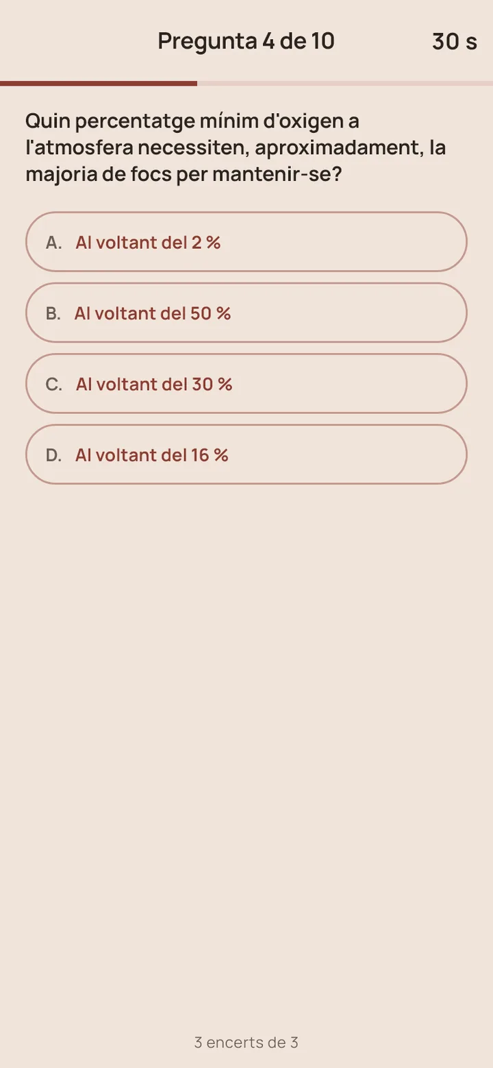 Duel en marxa: pregunta 4 de 10, amb el temps i el recompte propi, 3 encerts de 3.