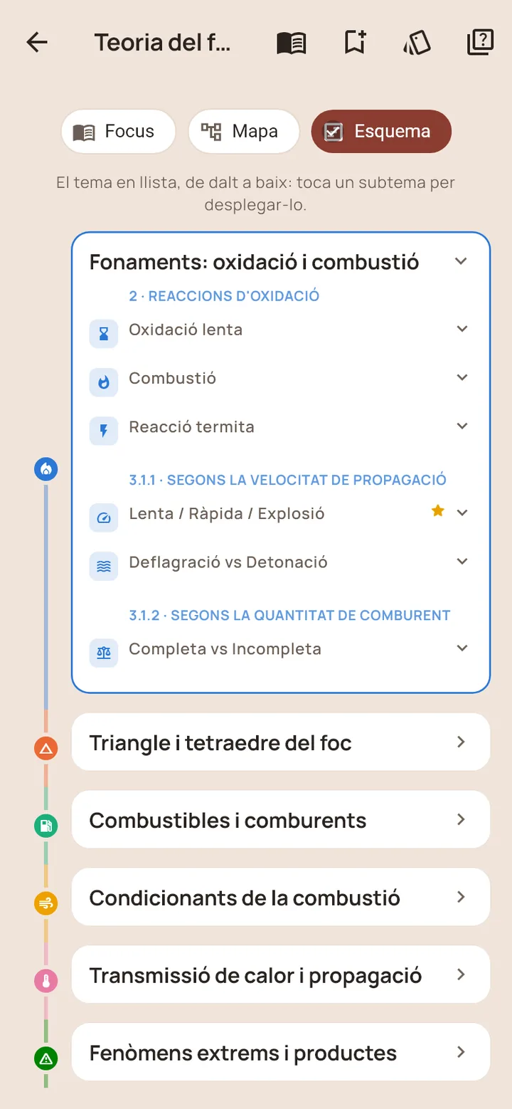 Un tema en format Esquema, desplegable per branques, amb les pestanyes Focus, Mapa i Esquema.
