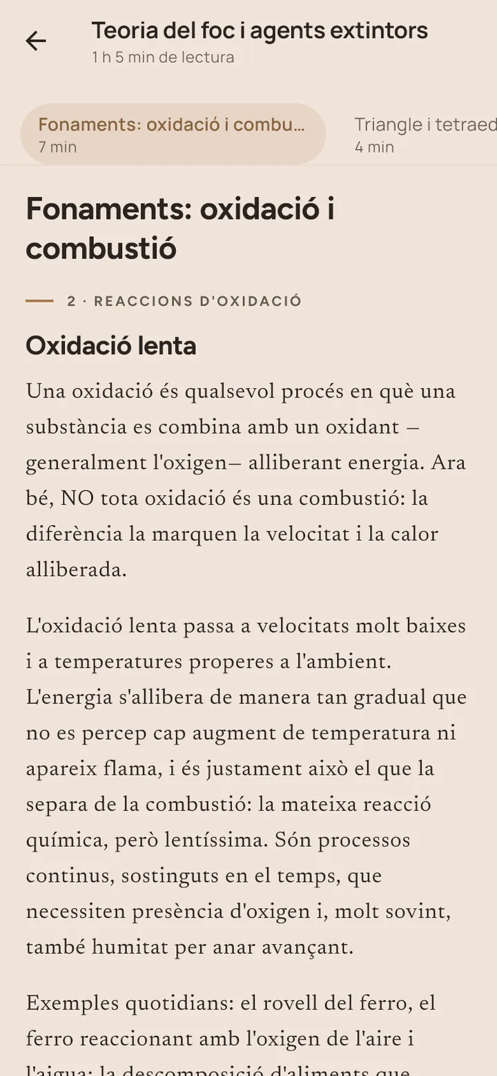 Focus del tema 8, Teoria del foc i agents extintors: les branques del tema amb els minuts de lectura de cadascuna, 1 h 5 min en total.