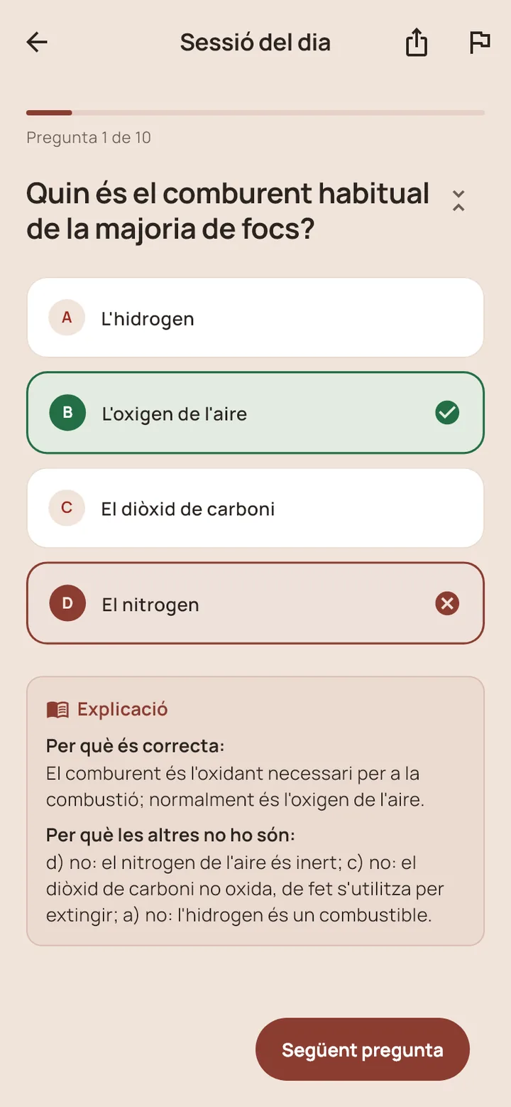 La sessió de La Forja: una pregunta de Teoria del foc, la resposta marcada i l'explicació.