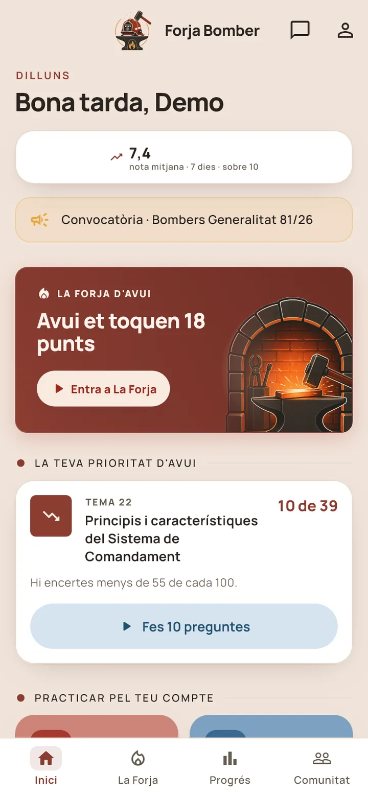 Inici de l'app: nota mitjana 7,4 sobre 10 dels últims 7 dies, convocatòria 81/26, La Forja d'avui amb 18 punts i la prioritat del dia, el tema 22.