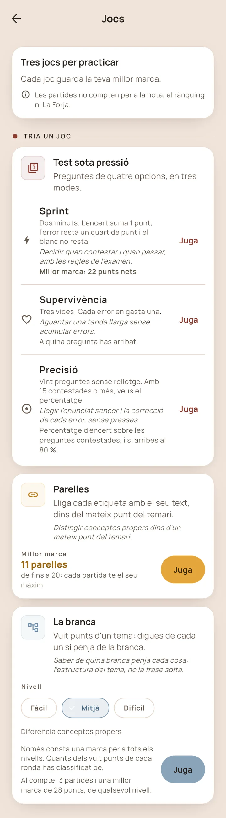 La pantalla de Jocs: Test sota pressió amb Sprint, Supervivència i Precisió, Parelles i La branca, amb la millor marca de cadascun.