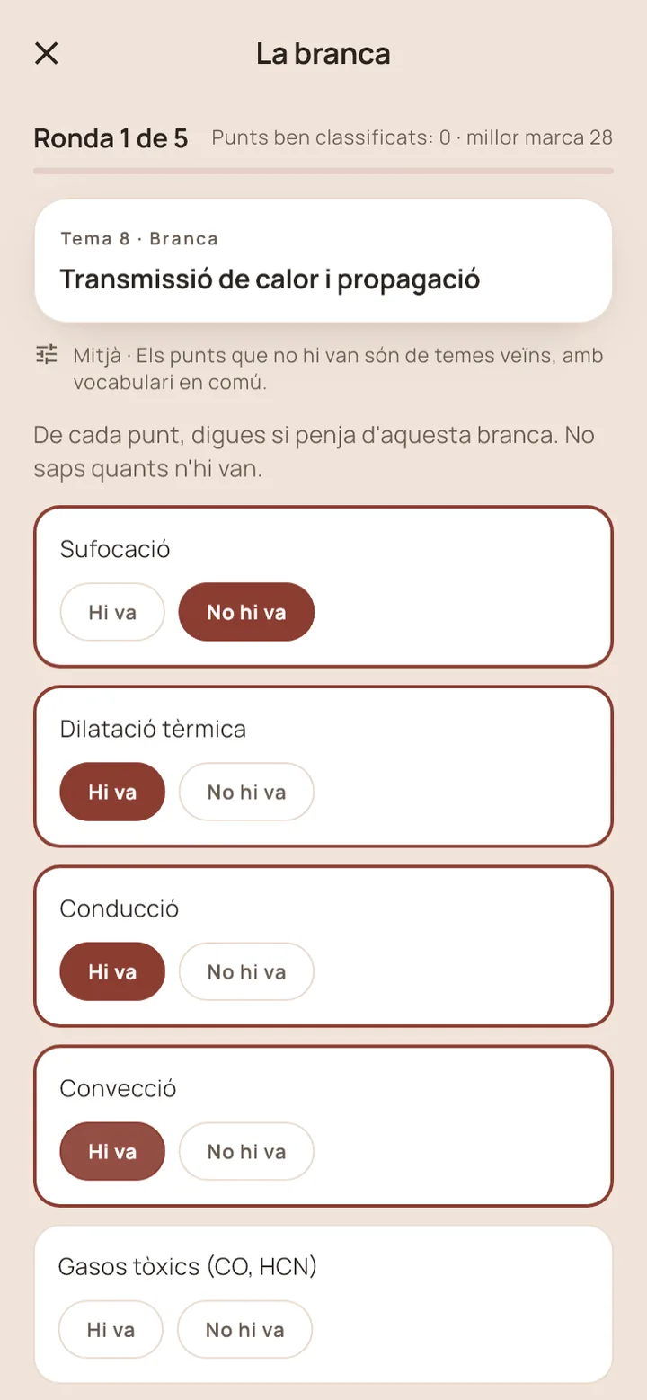 La branca: una branca del temari, punt per punt, amb Hi va o No hi va.