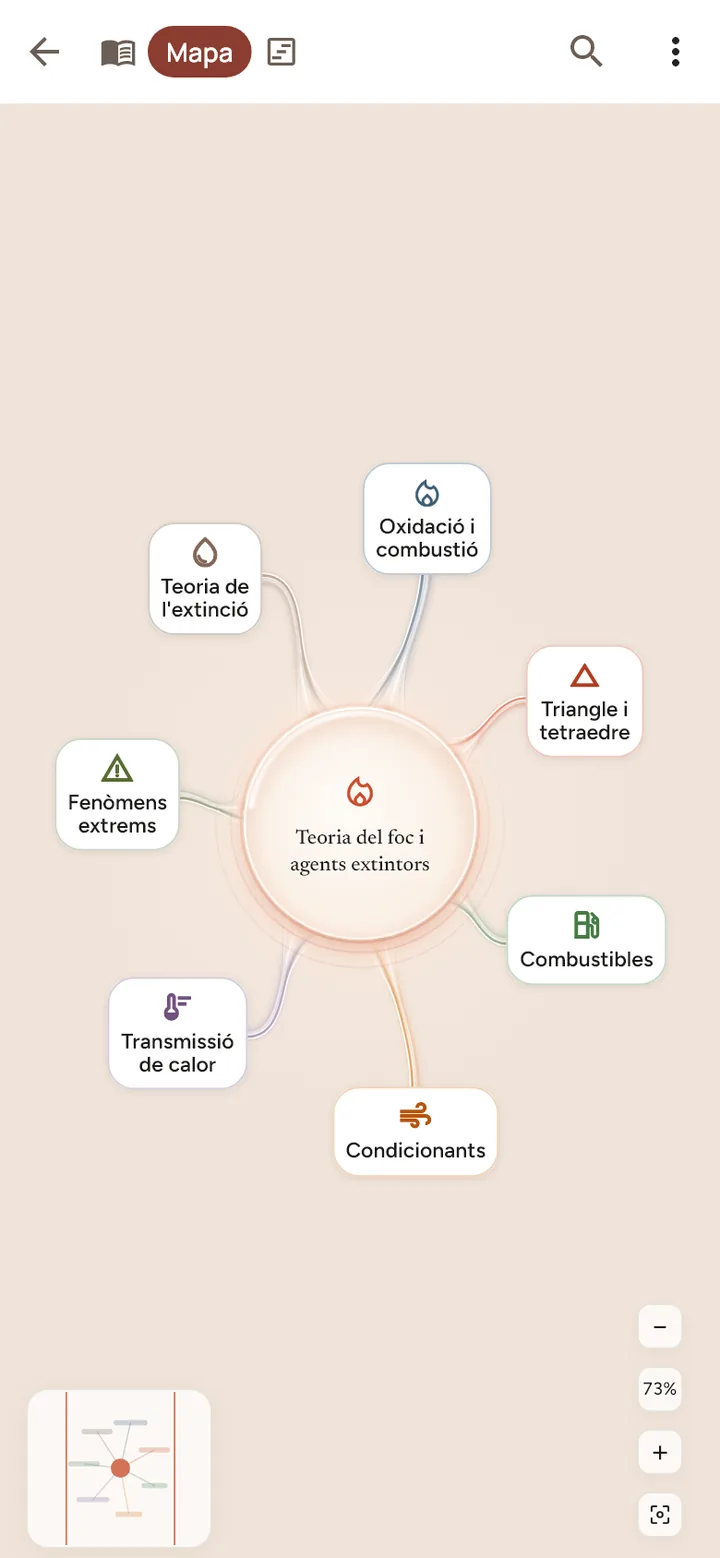 Mapa del tema 8 en branques, amb icona i etiqueta a cada node, minimapa i zoom.