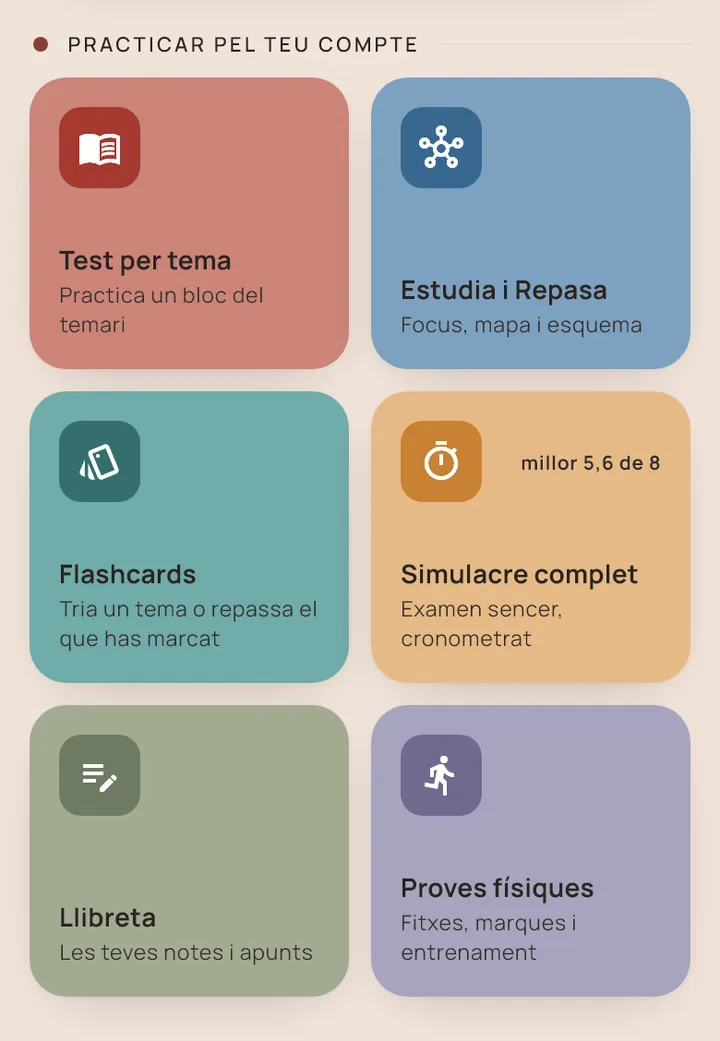 Les sis targetes de Practicar pel teu compte a l'inici de l'app: Test per tema, Estudia i Repasa, Flashcards, Simulacre complet, Llibreta i Proves físiques.