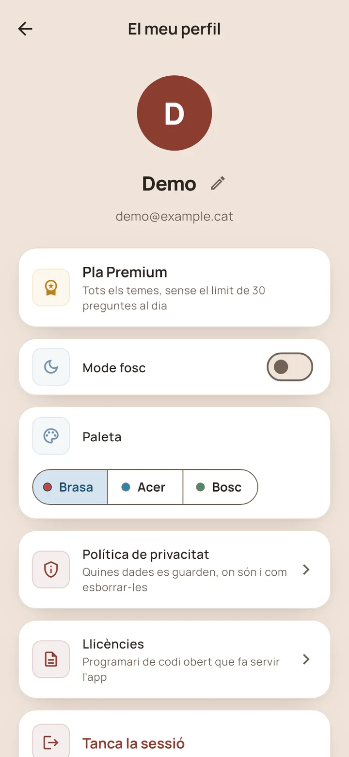 El meu perfil: Mode fosc i la paleta, amb Brasa, Acer i Bosc.