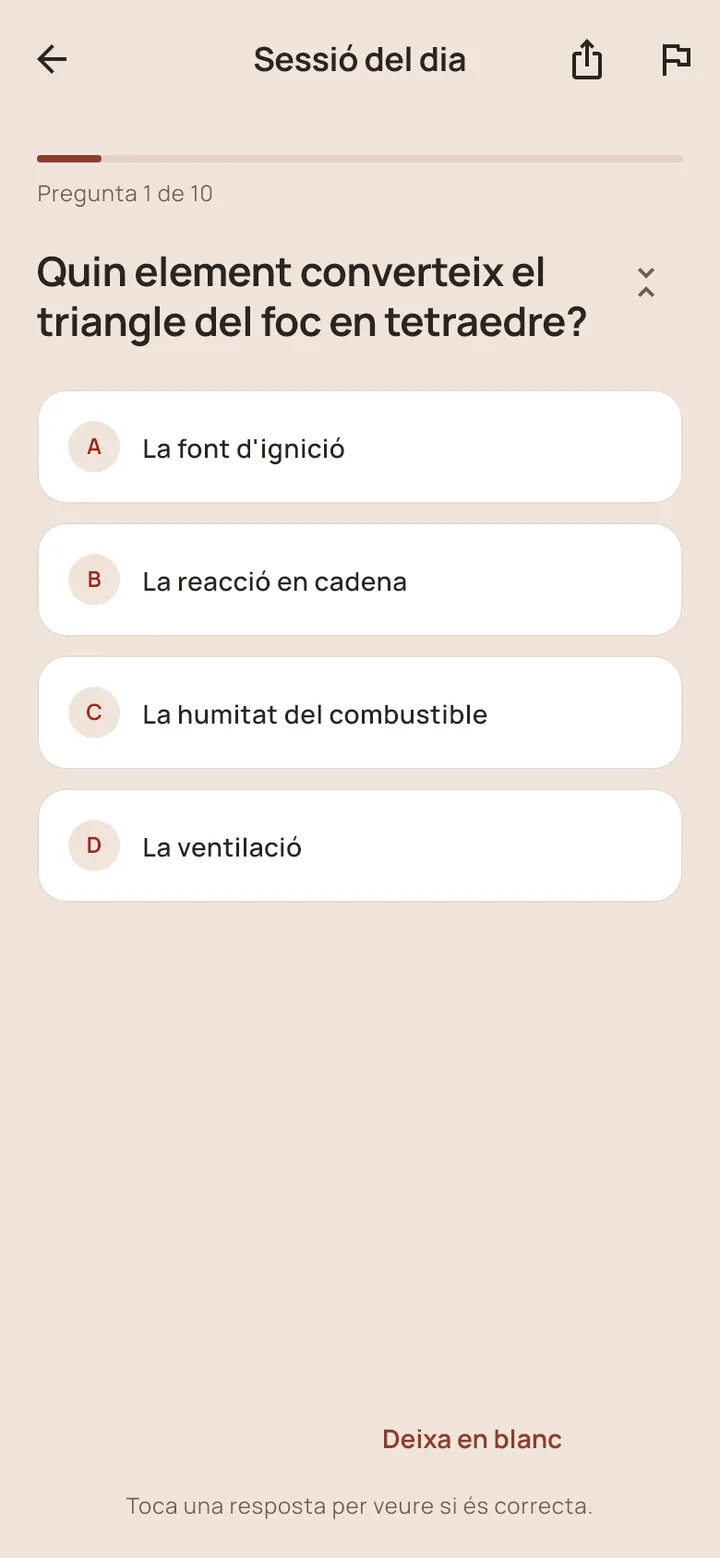 Test per tema: una pregunta amb quatre opcions i el comptador de preguntes.
