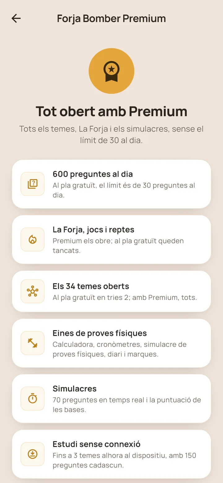 Pantalla Premium de l'app: tot obert amb Premium, els 34 temes, La Forja, els simulacres i les eines de proves físiques.