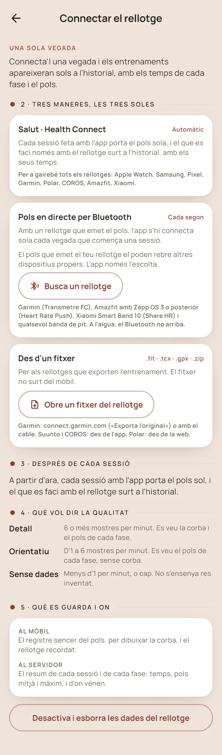 Connectar el rellotge: Salut i Health Connect, pols en directe per Bluetooth o des d'un fitxer.