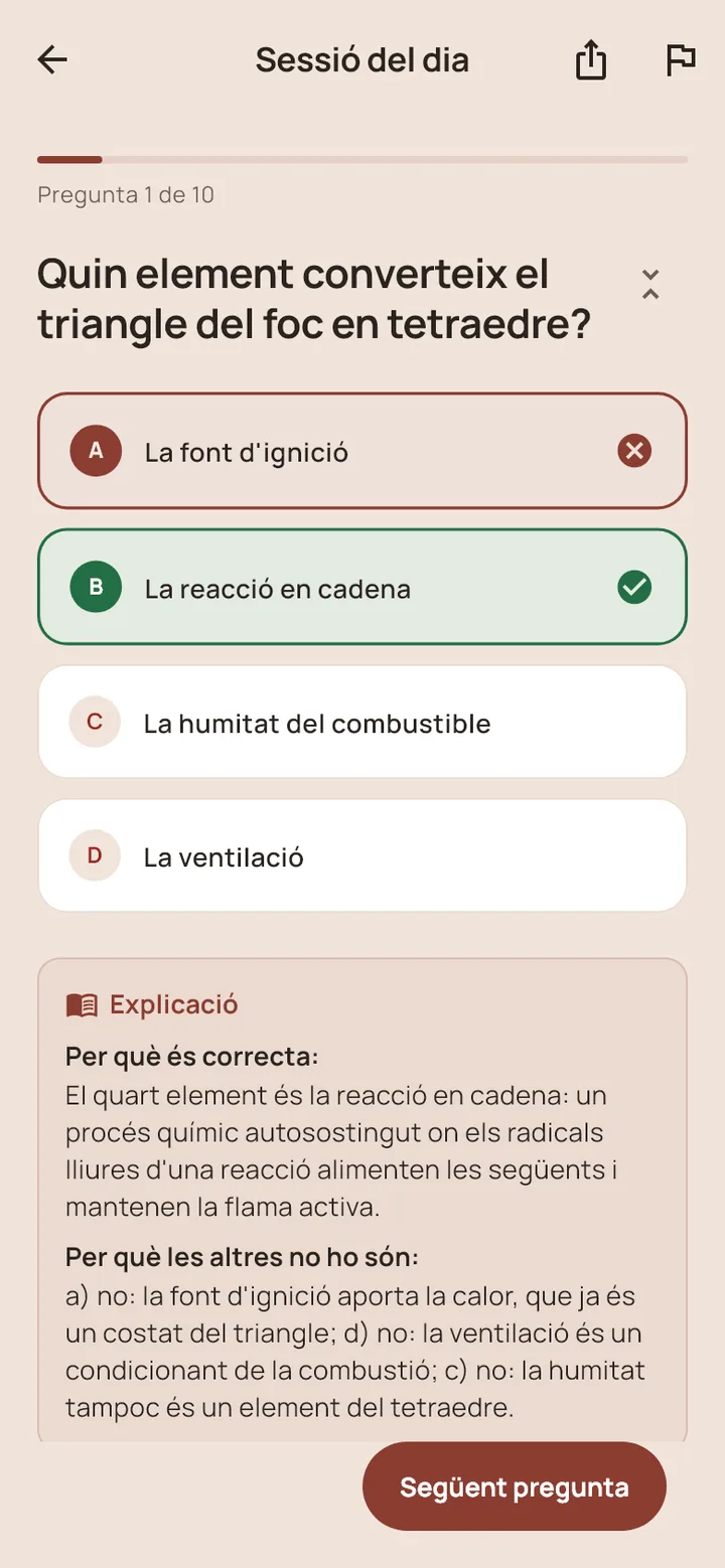 La mateixa pregunta corregida, amb l'explicació de per què és correcta i per què les altres no ho són.