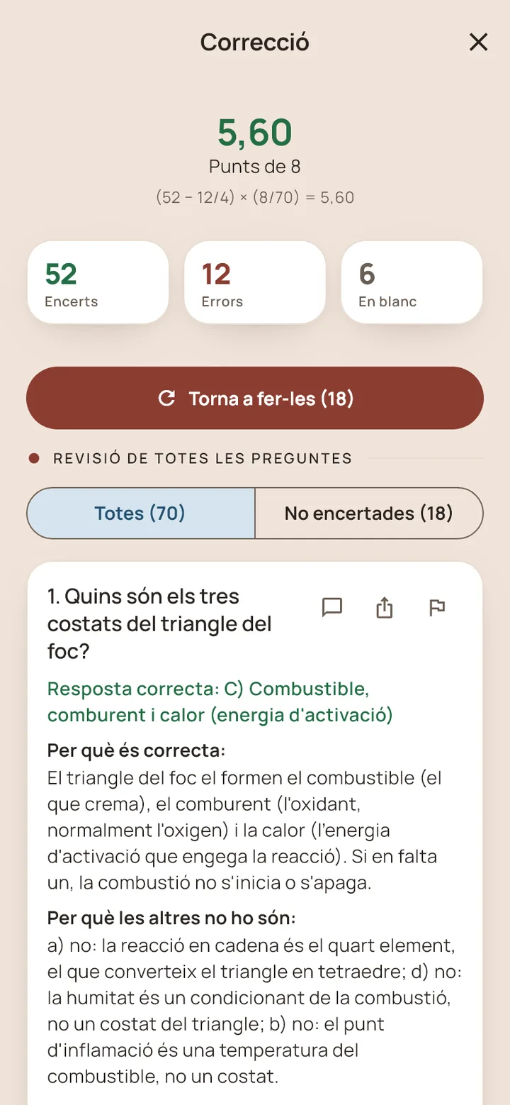 Correcció del simulacre: 5,60 punts de 8, amb 52 encerts, 12 errors i 6 en blanc.